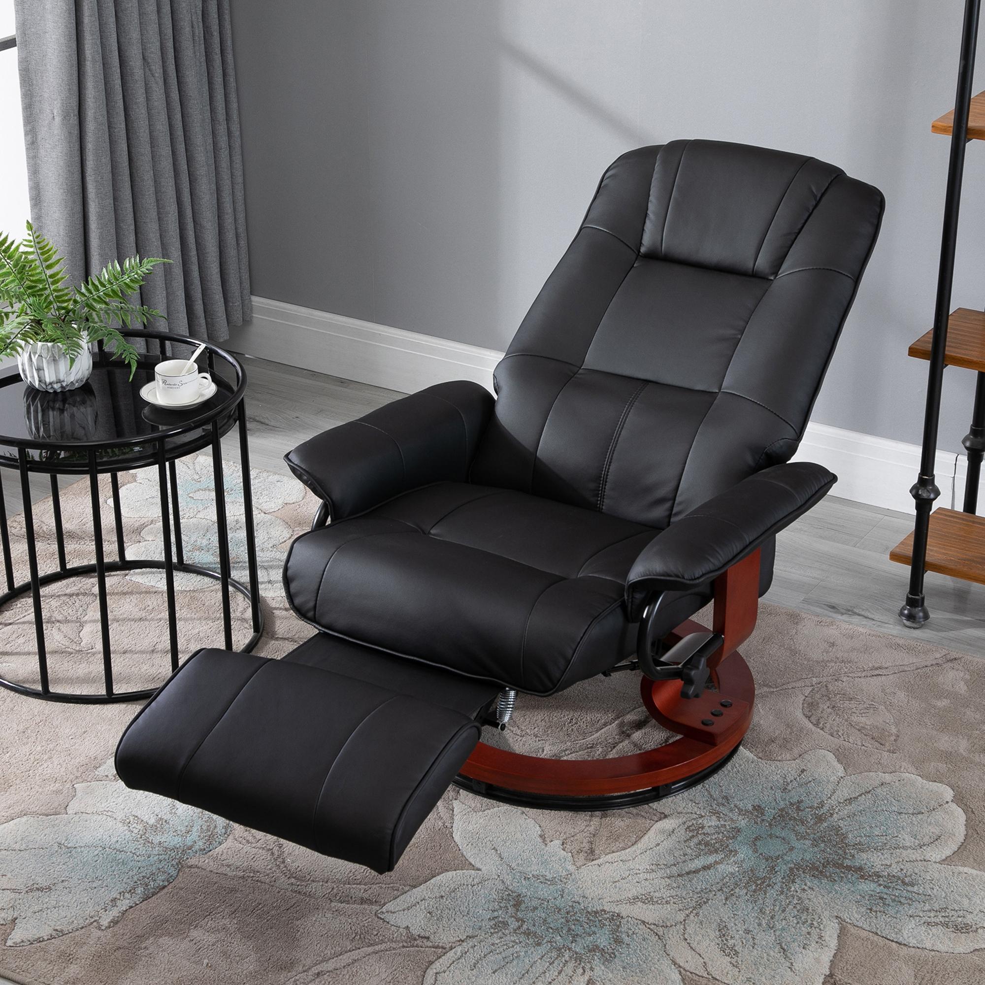 HOMCOM 360° Swivel Recliner Chair with Footstool, Manual Recliner Armchair with Wooden Base, Faux Leather Upholstered Reclining Chair for Living Room, Bedroom, Office, Black